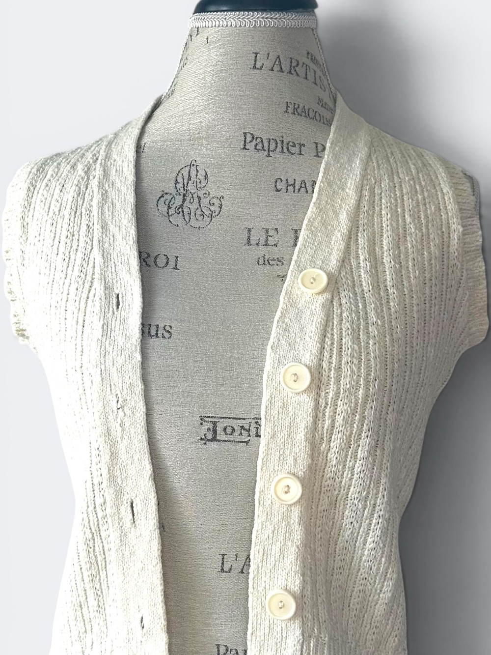 Biba Cream Cotton Ribbed Knit Button-Up Sweater Vest Cropped Petite XS - Picture 3 of 10